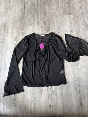 Black Sheer Long-Sleeve Lace-Up Women's Blouse with Flowy Bell Sleeve